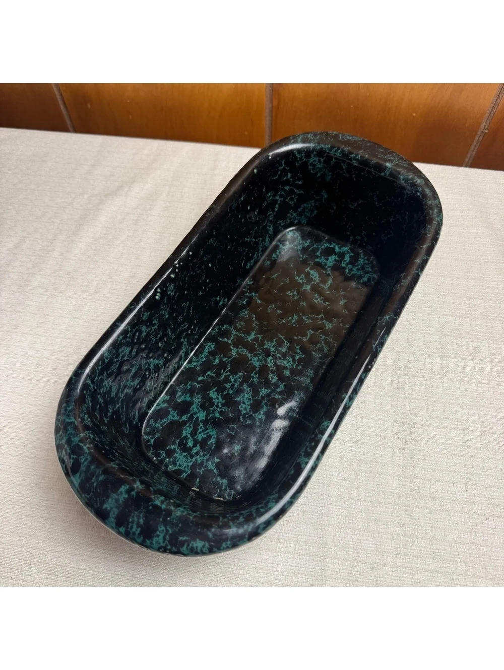 Vintage Bennington Potters #1874 Loaf Pan Black On Green Agate Stoneware Baker